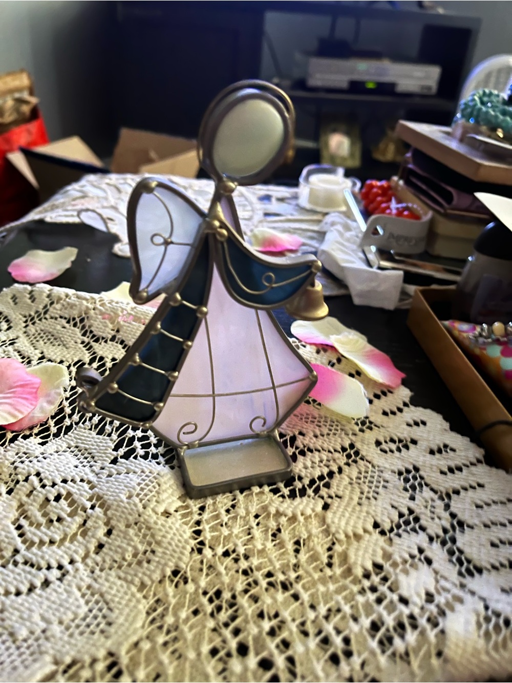 Stained Glass Angel Figurine - Pink & Navy blue